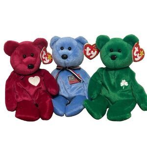 Vintage Set Of 3 TY Beanie Babies Bears Red Blue & Green Valentina America Erin